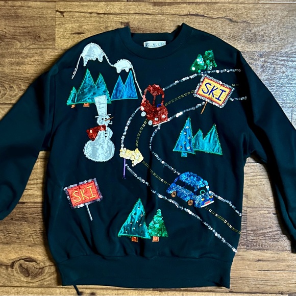 Kris Michele • Large • Black • Sequins • Embroidery • Ski/Mountains • Sweater - Picture 1 of 12